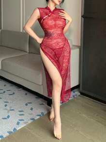 DAZY 2pcs Chinese Style Cheongsam Silhouette Bow Mesh Sheer Nightgown & Thong Set, Sexy Women Summer Sleepwear