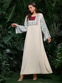 Al Najma Arabic New Spring/Summer Dubai Trumpet Sleeve Loose Long Dress, Pullover Round Neck Printed Dress, Kaftan & Jalabiya