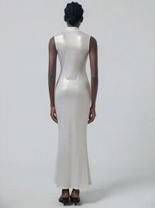 GENKIRA Minimalist Sexy Mermaid Shiny Collared Waisted Bodycon Fish Tail Dress For Women, Sleeveless - White - View 3