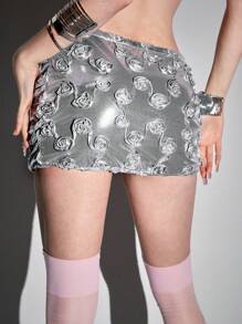ROMWE Avant Women Metallic Foil Rose Embellished PU Leather Skirt