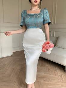 DAZY Vestido de mujer hasta la pantorrilla con escote cuadrado y mangas abullonadas en bloques de color, vestido de graduación - Azul - Ver 4