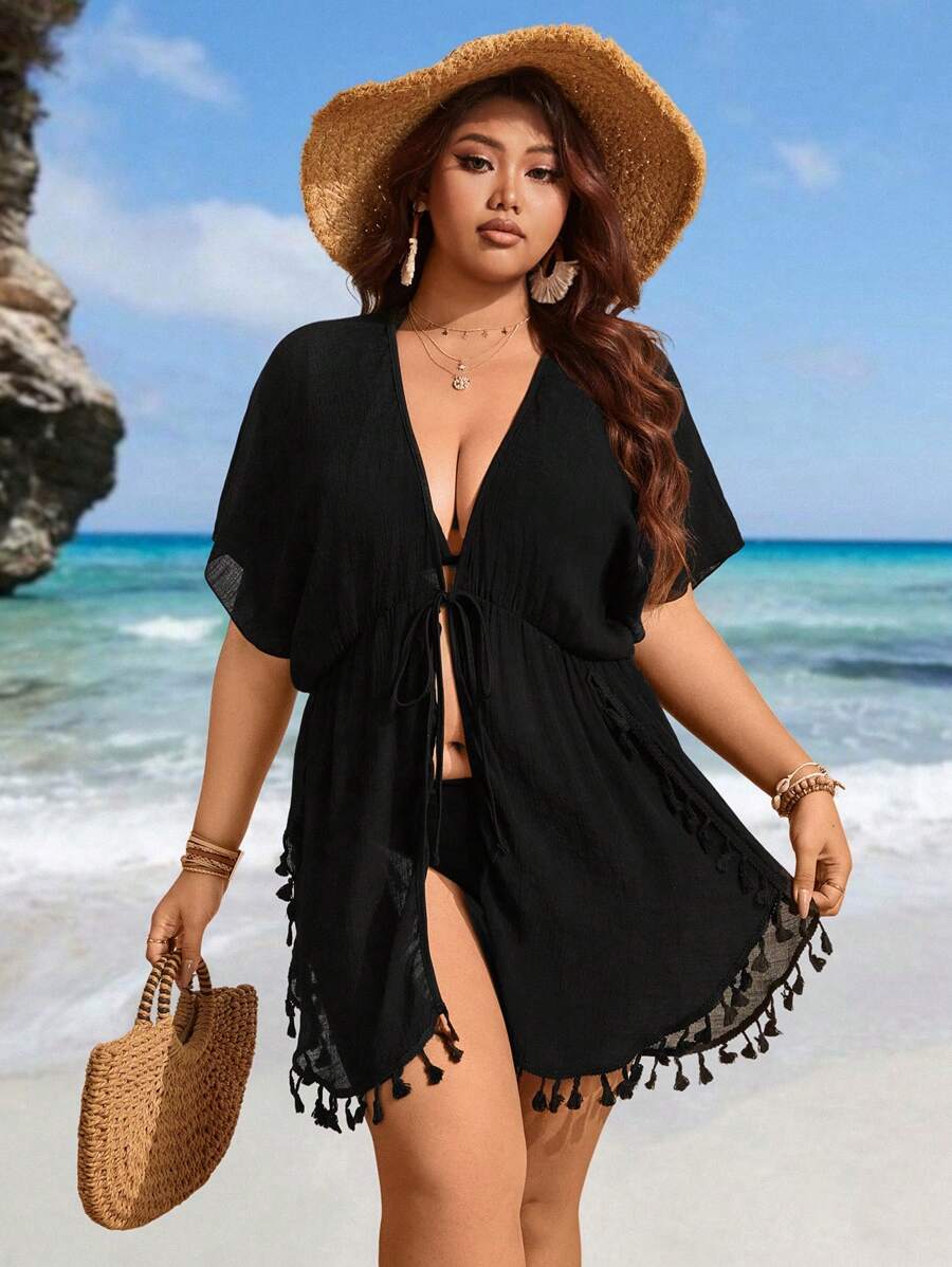 SHEIN Swim 大码女士和服睡袍，轻薄透气，开衩设计，流苏边饰，宽松版型，腰部系带，黑色，成熟优雅，适合度假、沙滩穿着