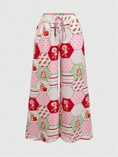 Plus Size Women Strawberry Print Casual Wide Leg Pants