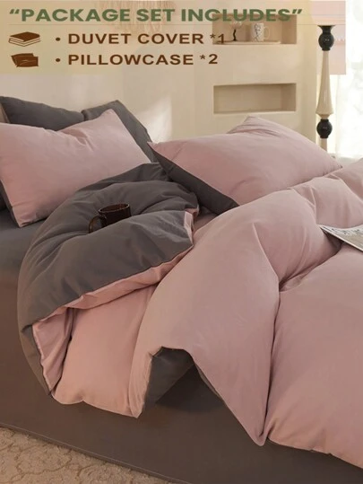 3pcs Set: 1 Duvet Cover, 2 Pillow Shams - Pink & Dark Gray For College Dorm/Bedroom, Super Soft, Machine Washable, No Filler