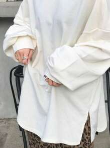 FRIFUL Camiseta básica larga de manga larga con cuello redondo, bajo dividido y corte oversize en color blanco, para primavera