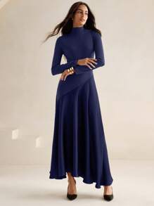Anewsta Vestido midi de punto patchwork con cuello alto, mangas largas y bajo acampanado, color café, estilo urbano chic - Azul Marino - Ver 5