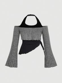 SHEIN MOD 大码露肩深灰色和黑色喇叭袖 T 恤，不对称下摆，二合一 T 恤，秋冬女式 T 恤，返校节，商务休闲女式 T 恤，教师，外出服装，办公室服装，返校女式 T 恤，女式工作上衣，修身衬衫，衬衫，说唱歌手衬衫，韩国时尚，文艺复兴博览会，老钱风格，新年，情人节 - 深灰色 - 查看 2