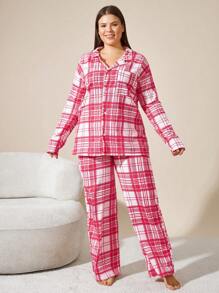 SHEIN Cottnline طقم بيجاما قياس كبير من القطن مخطط بنمط أزرار أمامية 2 قطعة - ابيض واحمر - مشاهدة 3