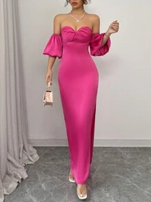 Rafferiza Elegantes figurbetontes ärmelloses Satin-Kleid mit Twist-Detail an der Front, Laternenärmeln und Fishtail-Saum, Rosenrot, Frühling/Sommer - Pink - Übersicht 4