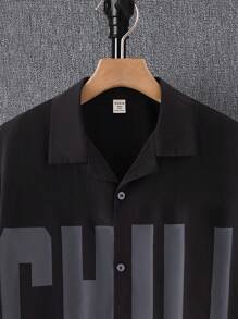 SHEIN Leap Crew 1 件青少年男孩春夏编织休闲短袖字母印花衬衫；春季服装；青少年男孩服装；青少年男孩夹克，春季开学 - 黑色 - 查看 5