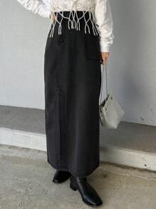 FRIFUL 女士灰色高腰直筒不对称牛仔裙，性感牛仔半身裙，秋冬季 - 深灰色 - 查看 4