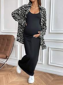SHEIN 2 Pieces Maternity Outfit Set: Leopard Print Button-Down Shirt And Black Dress For Stylish Pregnancy - Grey - View 1