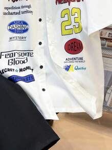 SHEIN 2pcs Teen Boys Casual Set: White Printed Short Sleeve Shirt + Black Shorts, Streetwear Punk Rock College Style For Everyday Wear, Party, Music Festival, Spring/Summer - White - View 8