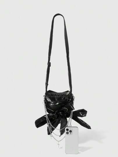 Goth Solid Color Bow-Decor Shoulder Bag, Suitable For Daily Commute & Travel