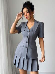 Elenzga 2pcs Linen Blend Grey 2 In 1 Elegant Blazer Jacket & Pleated Short Skirt Suit Set For Women - Dark Grey - View 5
