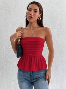 SHEIN PETITE Women Red Ruched Backless Peplum Tube Crop Top - Burgundy - View 5