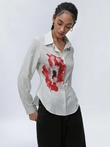 GENKIRA 美国女孩风格合身竖条纹纽扣长袖女式衬衫 - 彩色 - 查看 4