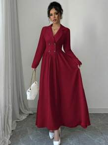 Elenzga Women's Elegant Burgundy Red Maxi Dress: Double-Breasted, Long Sleeve, A-Line Fall Cloth For Women - Burgundy - View 6