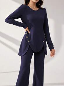 Graceveil 2pcs/Set Women Casual Round Neck Long Sleeve Button Decor Top And Flare Pants Outfit Modest - Navy Blue - View 5