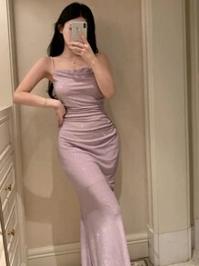 DAZY Shimmer Silver Blend Drawstring Cami Adjustable Strap Bodycon Nightgown Pajama - Purple - View 4