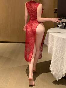 DAZY 2pcs Chinese Style Cheongsam Silhouette Bow Mesh Sheer Nightgown & Thong Set, Sexy Women Summer Sleepwear