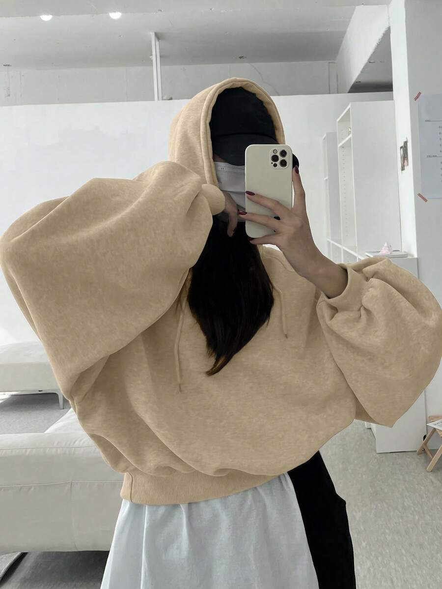 DAZY Women's Solid Color Oversized Cropped Hoodie Sweatshirt - Khaki - View 1