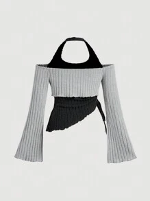 SHEIN MOD 大码露肩灰色和黑色喇叭袖 T 恤，不对称下摆，二合一 T 恤，秋冬女式 T 恤，返校节，商务休闲女式 T 恤，教师，外出服装，办公室服装，返校女式 T 恤，女式工作上衣，修身衬衫，衬衫，说唱歌手衬衫，韩国时尚，文艺复兴博览会，老钱风格，新年，情人节 - 淺灰色 - 查看 2