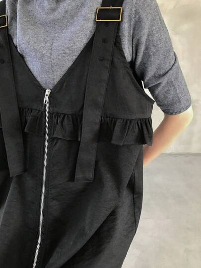 FRIFUL 女式黑色宽松直筒长款吊带连衣裙，休闲春装太阳裙