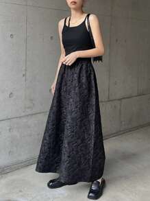FRIFUL Rok Celana Panjang Wanita Model Lebar, Kain Jacquard Bertekstur, Gaya Vintage Elegan, Musim Semi - Hitam - View 2