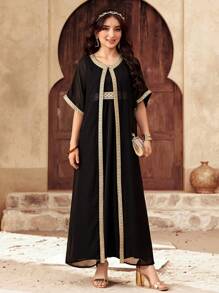 SHEIN Conjunto de 2 piezas para adolescentes con cárdigan negro con lámina de oro y vestido sin mangas elegante de princesa