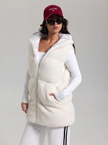 CasuGlow Casual Plush Hooded Sleeveless Winter Coat - White - View 1