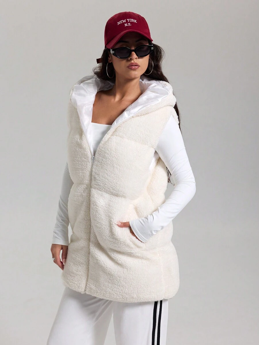 CasuGlow Casual Plush Hooded Sleeveless Winter Coat - White - View 1