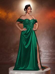 Glamrae Vestido de noche formal de estilo poppy, de gasa transparente, con encaje, parches, hombros descubiertos, elástico, abertura alta y torsión, ideal para invitados de boda o fiesta, talla grande - Verde Oscuro - Ver 3
