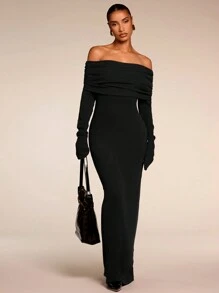 SHEIN BAE Đầm dài tay trễ vai màu trơn đơn sắc cho nữ, trang phục dự tiệc cho nữ, váy năm mới cho nữ, quần áo giáng sinh cho nữ - màu đen - Xem 5