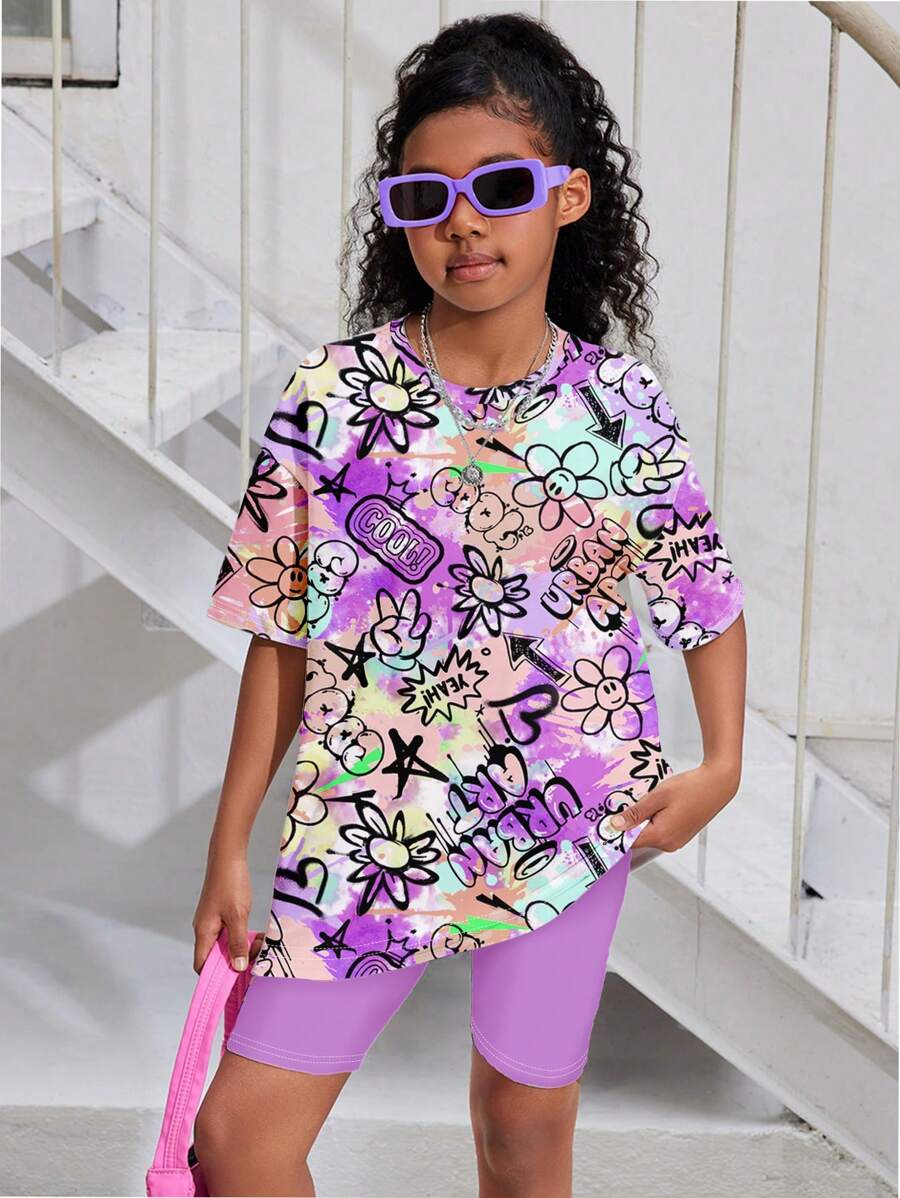 SHEIN Conjunto de 2 piezas de camiseta de manga corta y pantalones cortos casuales y minimalistas para niña preadolescente, apto para el verano - Blanco - Ver 1