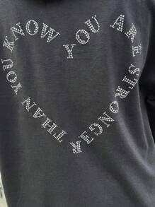 FRIFUL Women's Loose Gray T-Shirt With Rhinestone Heart Print, Spring,Graphic Tees Long Sleeve Women Tops