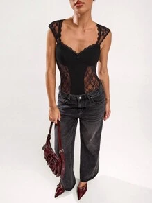 SHEIN BAE Elegant Sexy Solid Color Lace Patchwork Bodysuit - Black - View 7