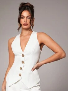 Silquee 女式高端纯色白色V领金属扣装饰单排扣马甲内衬优雅时尚通勤套装适合夏秋季办公室商务休闲秋季女装套装女西装外套，夏季女式商务休闲纯色双排金属马甲西装外套，商务女装办公室海仙子复古教师服装，玫瑰花朵金属装饰扣，情人节