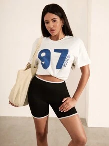 SHEIN Unity Women's Casual Number Embroidery Short Sleeve Cropped Round Neck T-Shirt - White - View 1