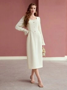 MOTF PREMIUM VESTIDO CON BOTONES Y MANGAS ACAMPANADAS - Albaricoque - Ver 6
