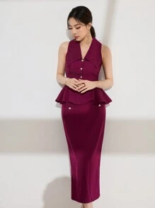 Modelyn Women's Elegant Lady Style Turndown Collar Single Breasted Ruffle Hem Cinched Waist Sleeveless Vest And Midi Bodycon Skirt 2 Pieces Set