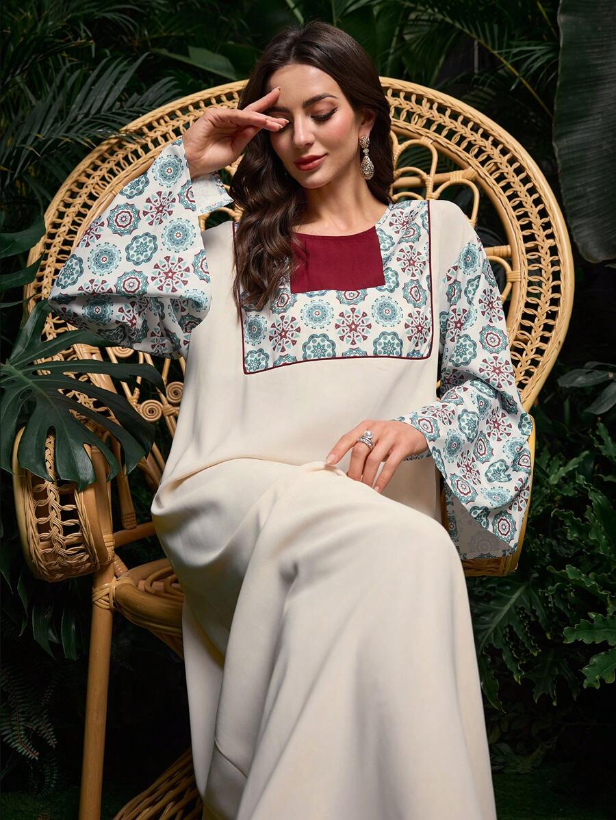 Al Najma Arabic New Spring/Summer Dubai Trumpet Sleeve Loose Long Dress, Pullover Round Neck Printed Dress, Kaftan & Jalabiya