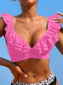 SHEIN Swim 2025 情人节海滩夏季简约休闲粉色比基尼泳装上衣，适合日常穿着 - 粉色 - 查看 4