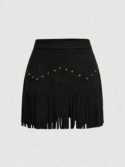 SHEIN MOD Plus Size Women's Vintage Hippie Rivet Fringe Black Suede A-Line Skirt, Fall Winter Skirt,Nashville Outfits,Pirate Skirt