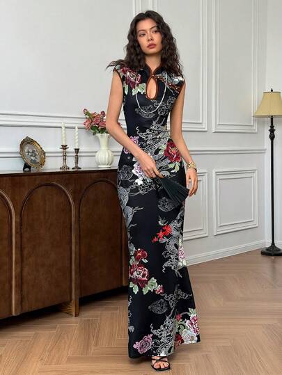 EastFlair Women's Floral Print Cheongsam Collar Elegant Long Dress