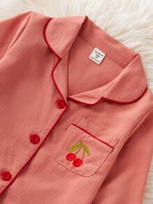 Young Girls Minimalist Cute Cherry Embroidered Burgundy Loose 2pcs Set Pajamas, Long Pants & Long Sleeve - Orange - View 5