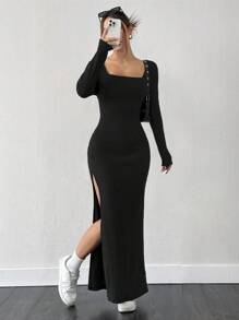 SHEIN EZwear Women's New Plush Ribbed Square Collar High Slit Dress, Autumn/Winter - Black - View 1