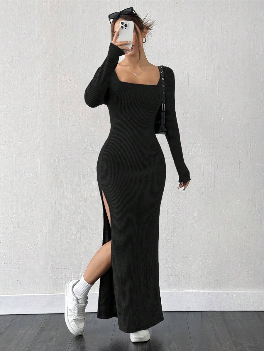 SHEIN EZwear Women's New Plush Ribbed Square Collar High Slit Dress, Autumn/Winter - Black - View 1