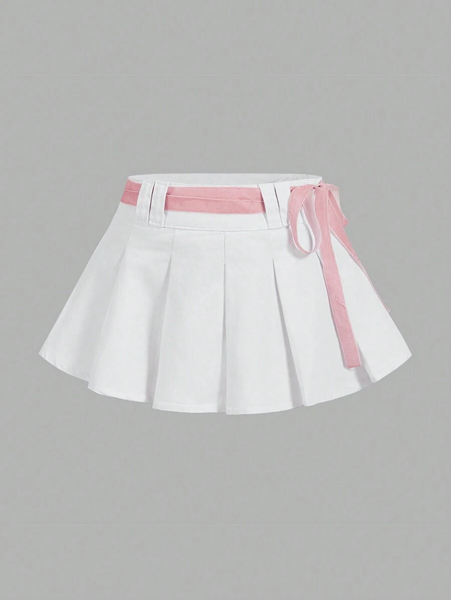 SHEIN MOD Falda corta casual de mezclilla con nudo en la cintura y pliegues