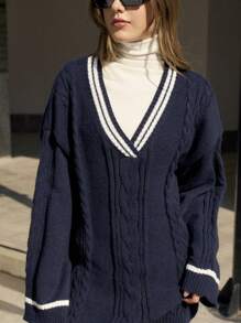 INAWLY V领麻花针织套头毛衣，休闲秋冬针织套头衫